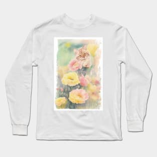 Soft color Striped Yellow cat in the Flower Garden Long Sleeve T-Shirt